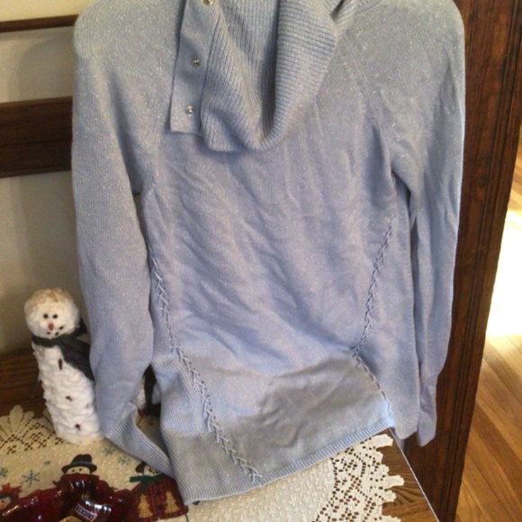 WHBM Light Blue Metallic knit Snap Cowl Neck Sweater lace accent sz xs - Picture 8 of 9